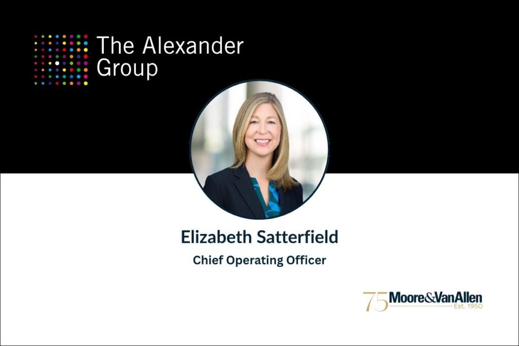 Headshot of Elizabeth Satterfield with Moore & Van Allen 75th Anniversary logo