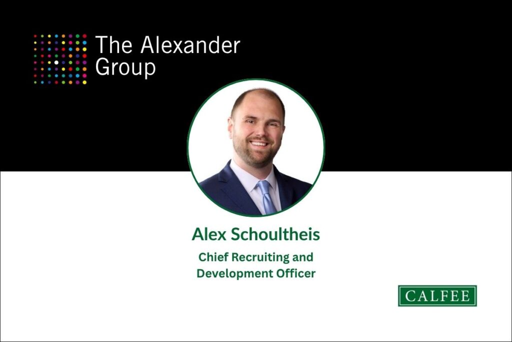 Headshot of Alex Schoultheis with Calfee logo