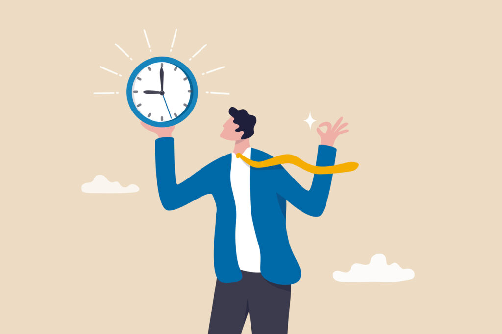 Illustration of a businessperson holding a clock, emphasizing punctuality as part of executive search best practices.