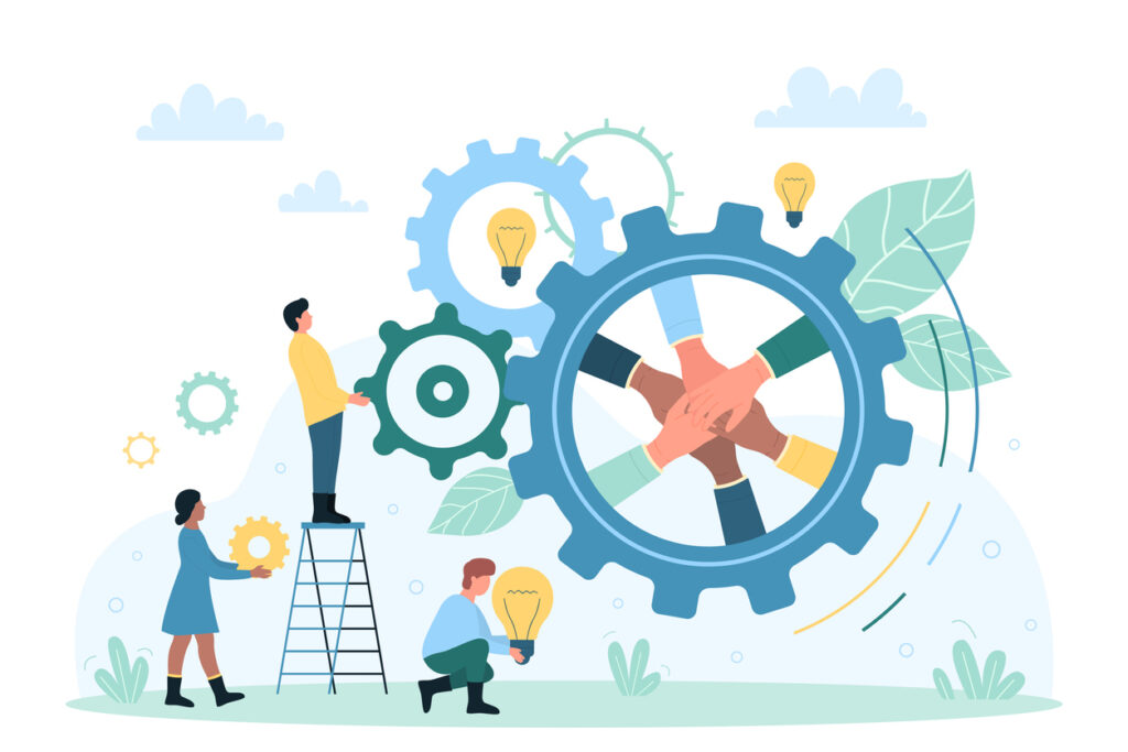 Illustration of teamwork with gears and lightbulbs symbolizing innovation and collaboration, supporting executive job search tips.